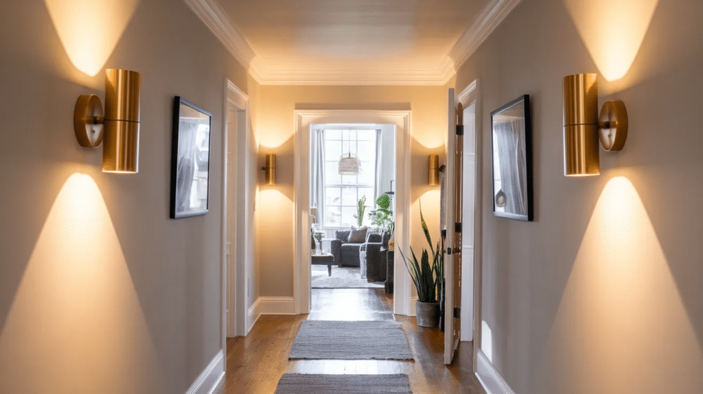 Brass wall sconces lighting a hallway wall