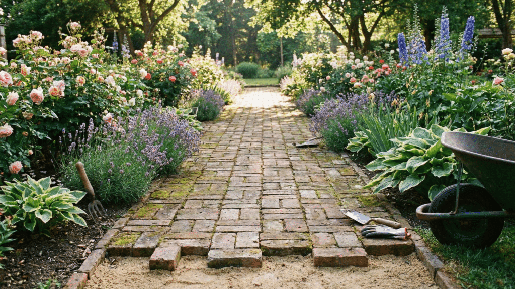 Brick walkway in a basket weave pattern bordered by flowers and soft sand