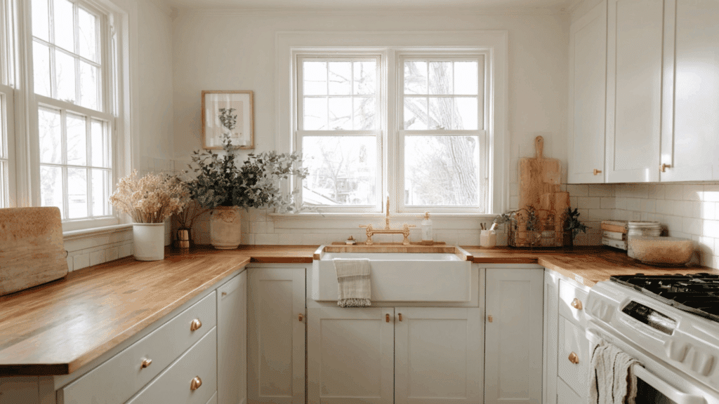 Bright farmhouse kitchen featuring light gray cabinetry, natural wood countertops and a white apron-front sink.