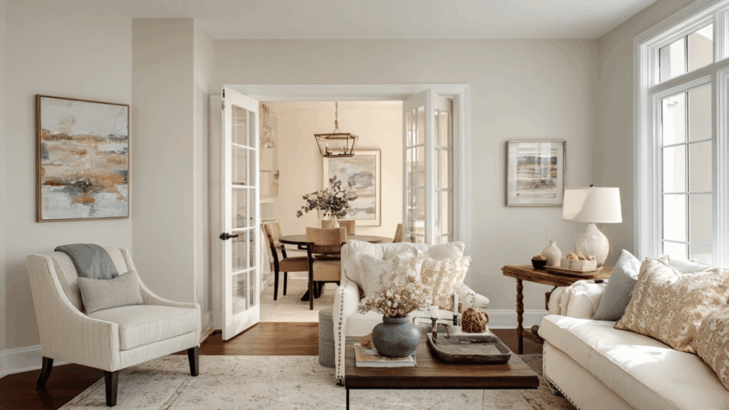 Bright living room featuring Shoji White and Alabaster walls, a dark wood coffee table, and open French doors leading to a visible dining area.