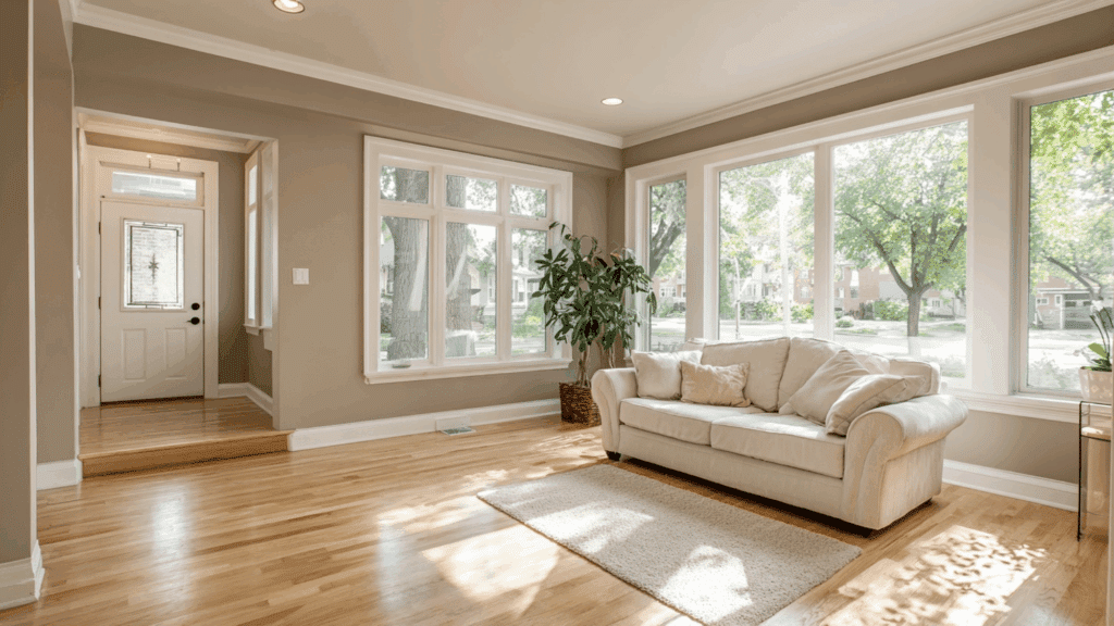 Bright living room with light hardwood floors, tan walls, large white-framed windows showing green trees, and a beige sofa resting on a light rug near the entryway.