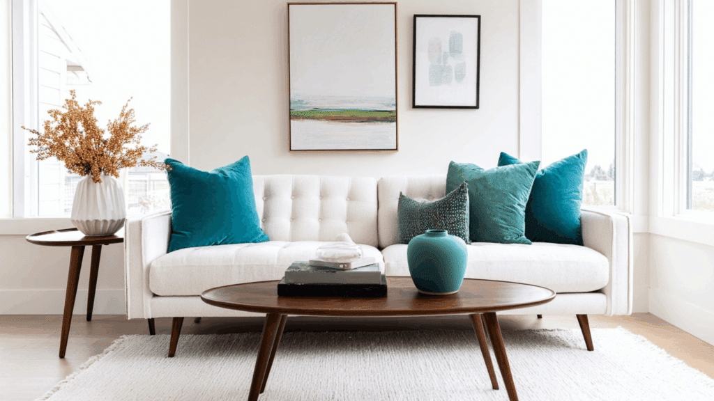 Bright mid century modern living room with teal accents