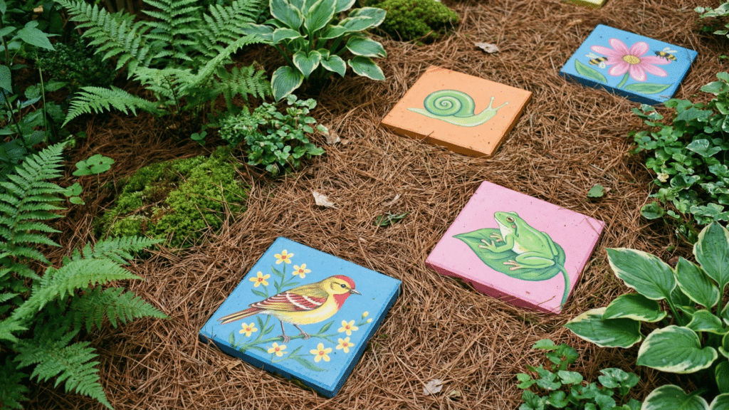 Brightly painted garden stepping stones placed in a lawn with flowers nearby