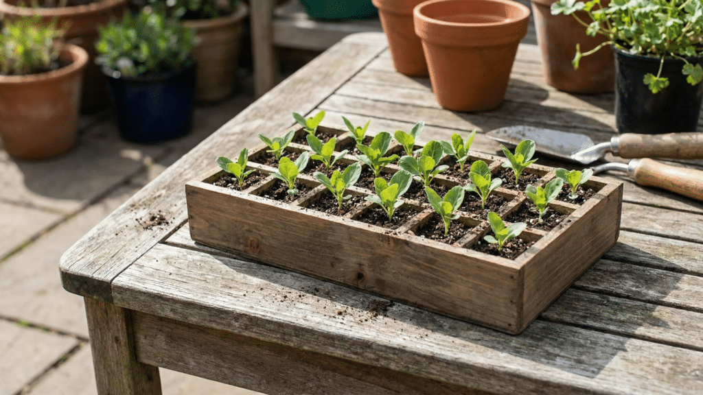 Brussels sprout seedlings outdoors for hardening off