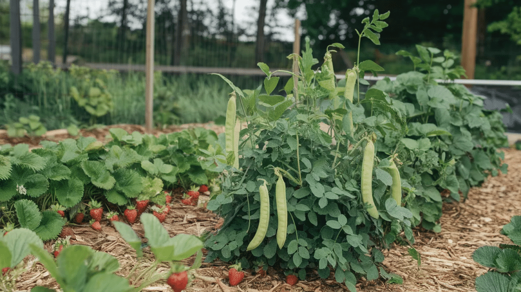 Bush beans growing beside strawberries in a sunny garden.