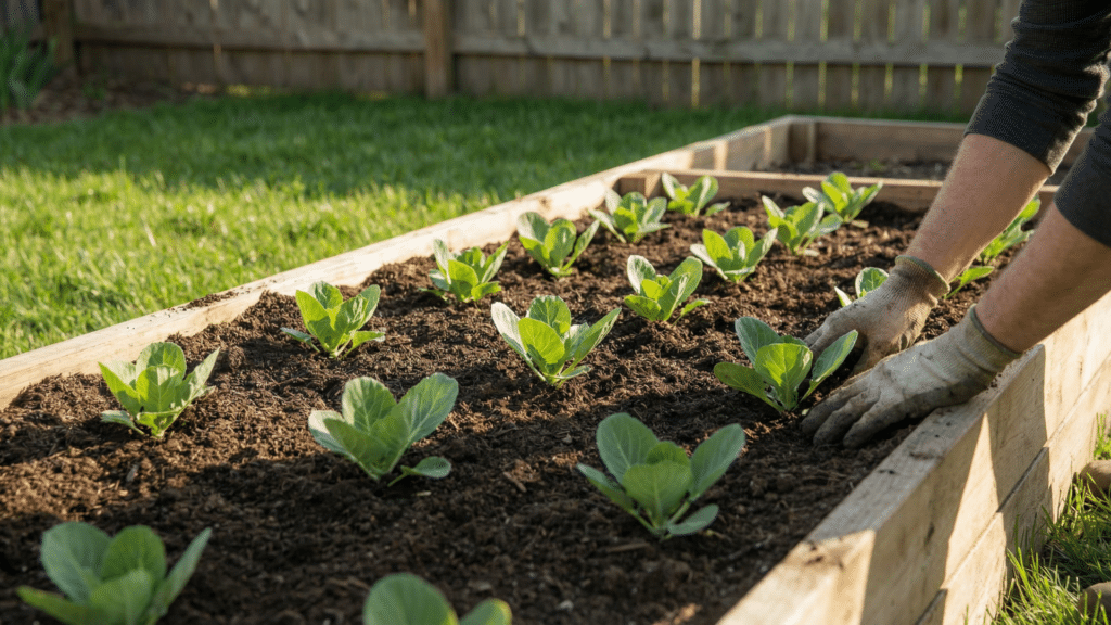 Cabbage seedlings being planted in garden soil in neat rows