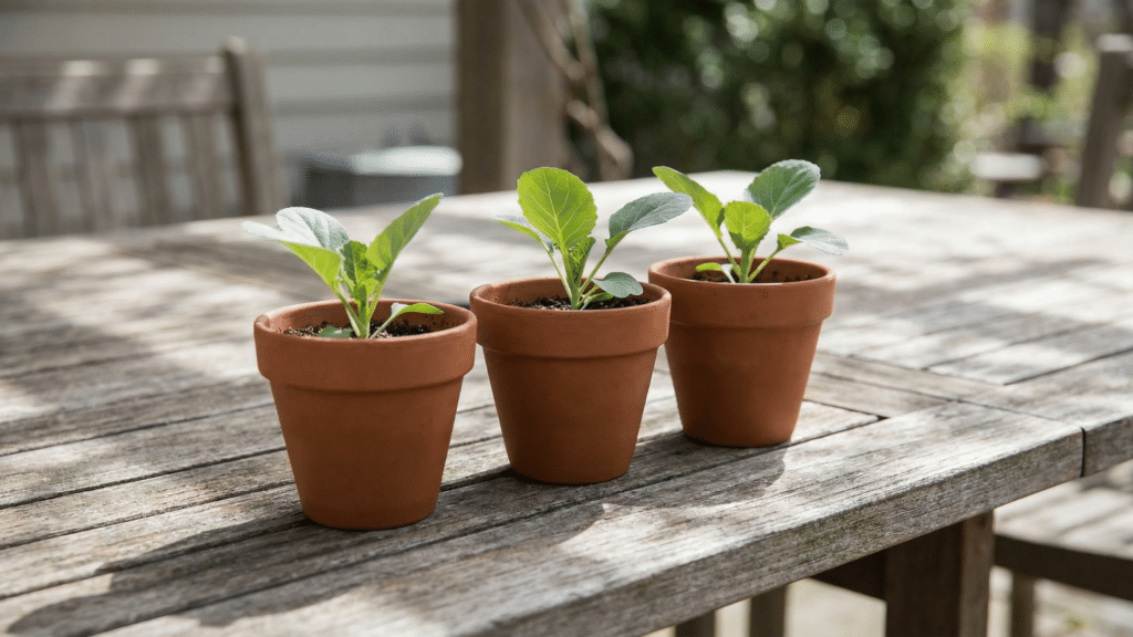 Cabbage seedlings in pots placed outdoors for hardening off before transplanting