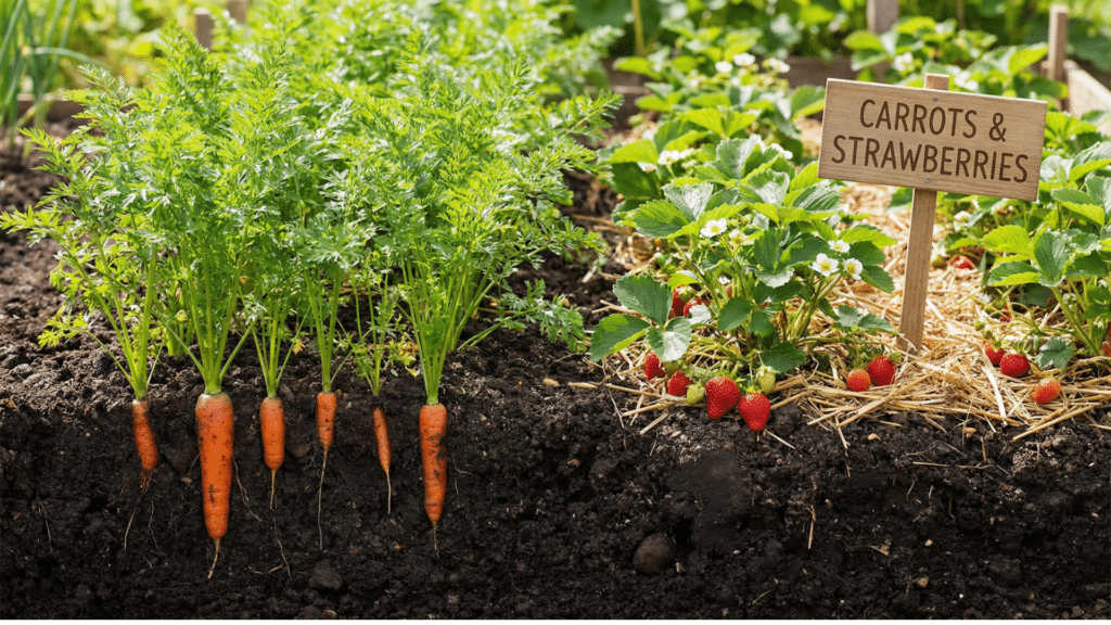Carrots growing underground next to strawberries in garden rows.