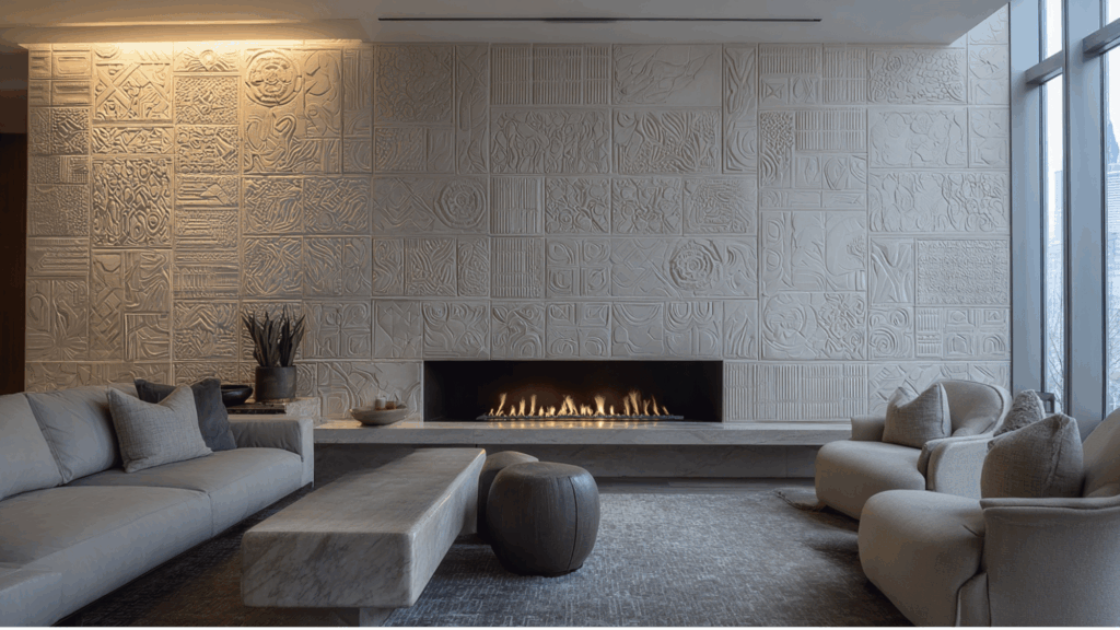 Carved limestone bas relief fireplace wall with modern luxury design