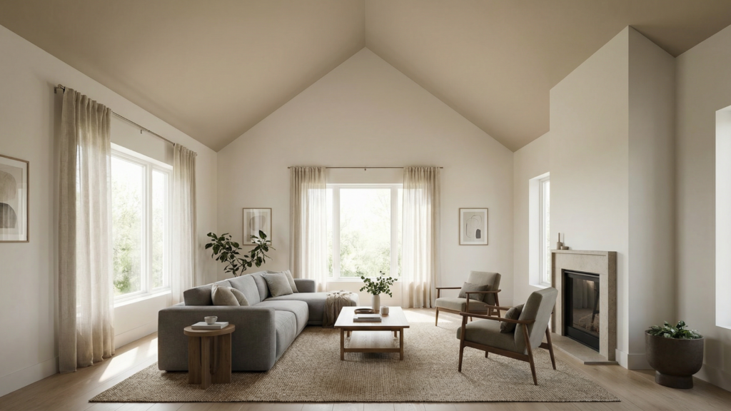 Cathedral ceiling painted in a soft neutral tone slightly darker than the walls to create visual balance