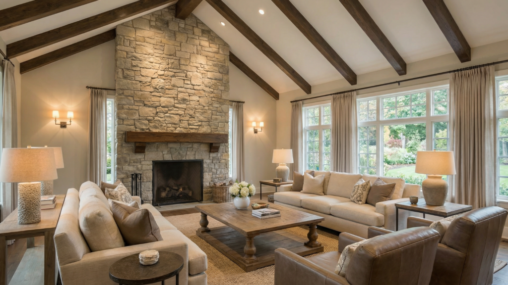Cathedral ceiling paired with a floor-to-ceiling stone fireplace accent wall for visual balance