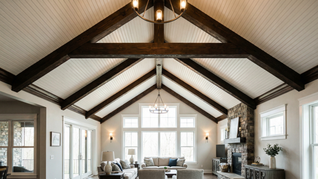 Cathedral ceiling with a dark ridge beam and contrasting white ceiling panels creating strong architectural definition