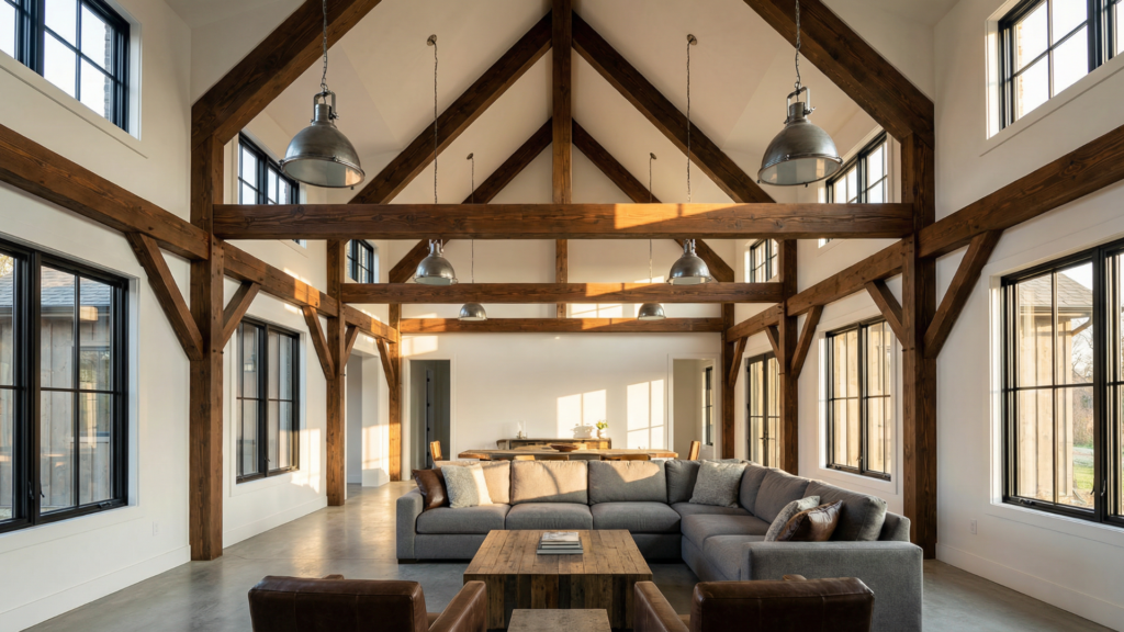 Cathedral ceiling with exposed rafters adding architectural detail and depth