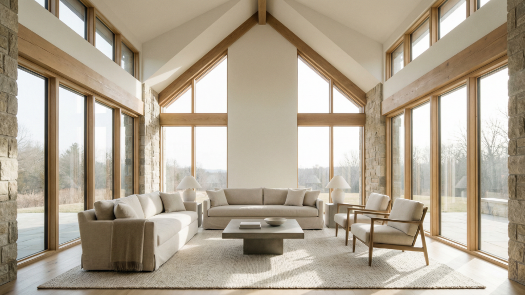 Cathedral ceiling with tall floor-to-ceiling windows and clerestory windows bringing in natural light
