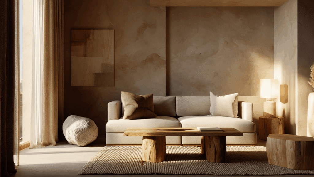 Ceramic table lamps creating soft lighting in a cozy organic modern living room