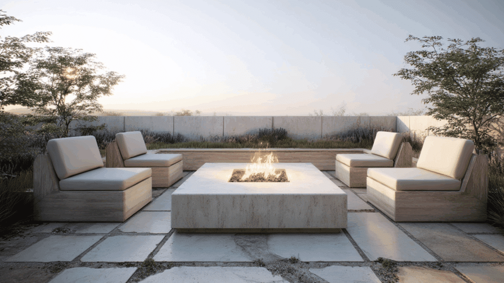 Chairs arranged around a central fire pit on patio.