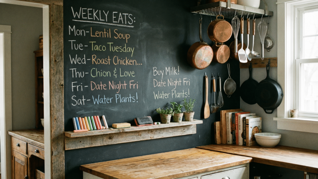Chalkboard wall in a kitchen with handwritten menu and drawings for daily use