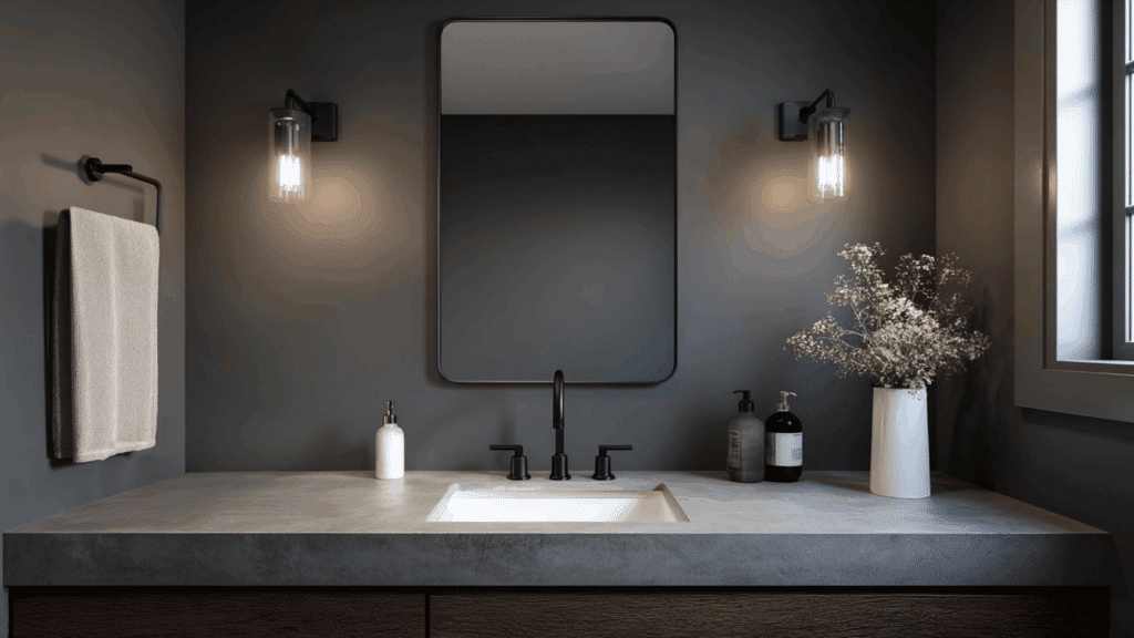 Charcoal gray bathroom paint with modern fixtures and bold contrast