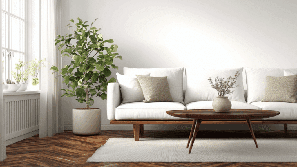 Chevron wood flooring in mid century modern living room