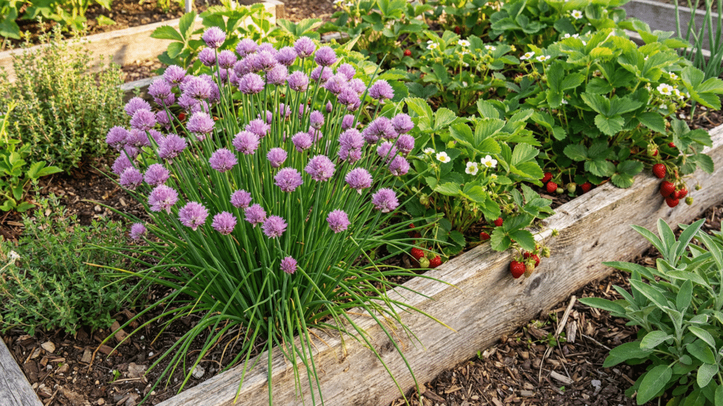 Chives with purple flowers planted near strawberries.