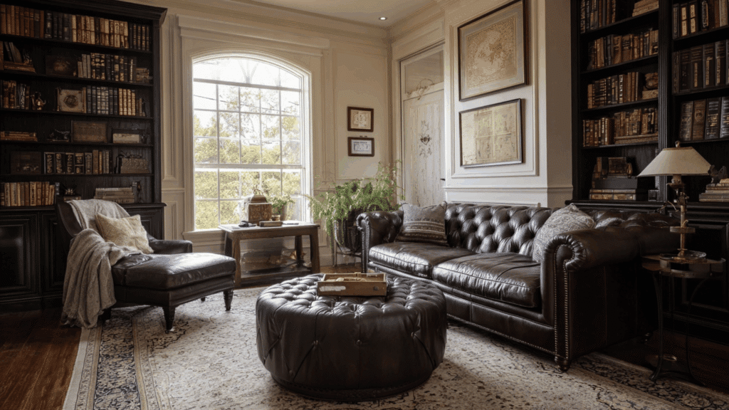 Chocolate brown and ivory library with leather furniture and warm lighting