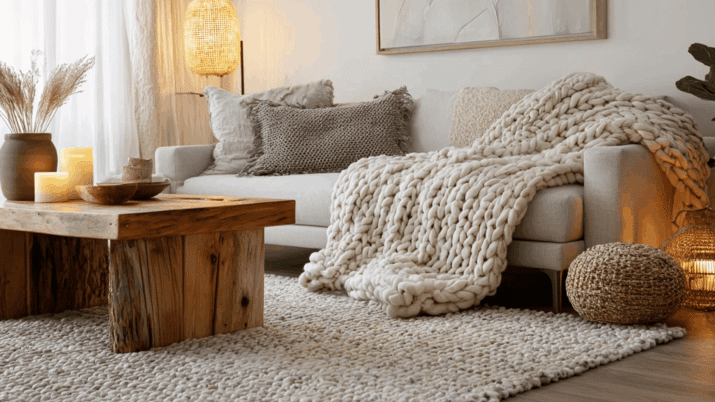 Chunky knit throw blanket adding warmth to a neutral organic modern living room