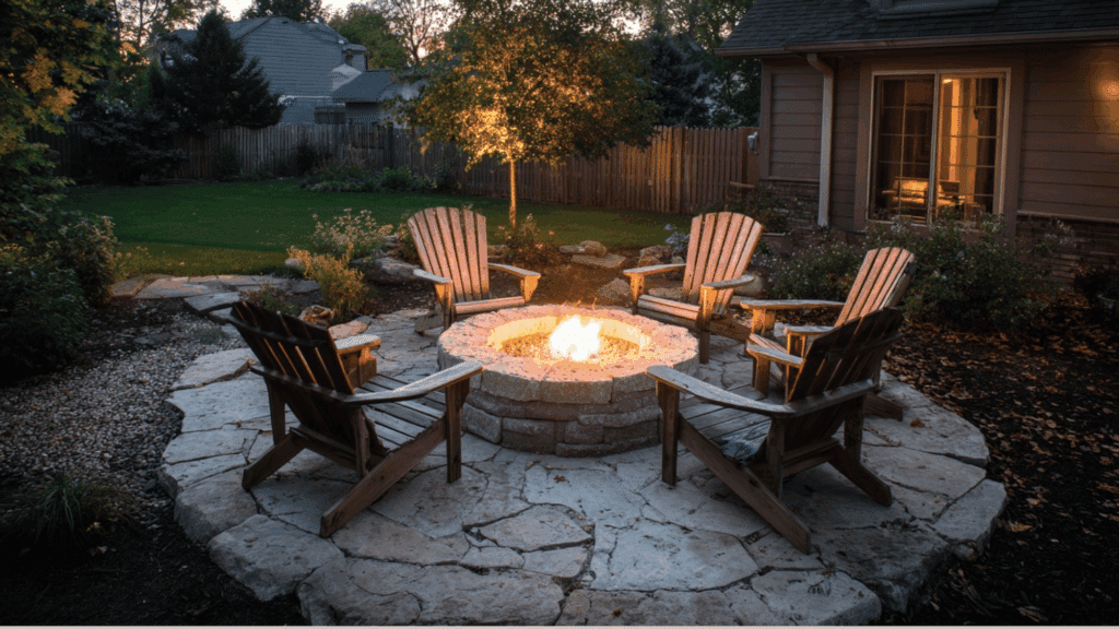 Circular seating arranged around outdoor fire pit.