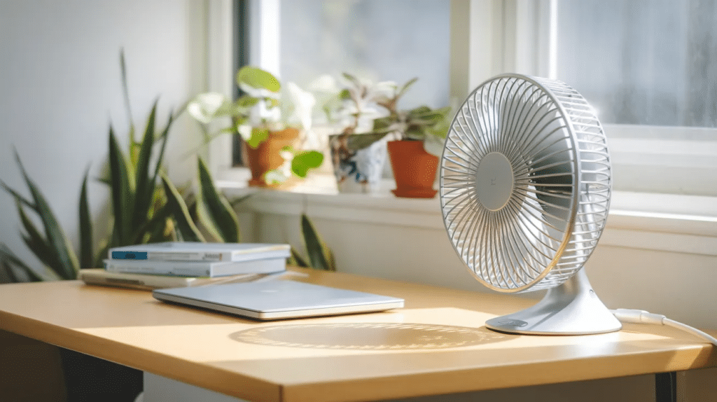 Clip on fan in an office cubicle for comfort