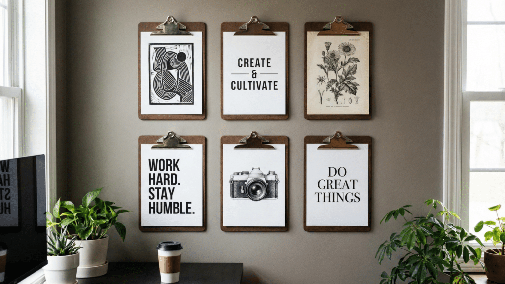 Clipboard wall display featuring swappable art prints and simple quotes