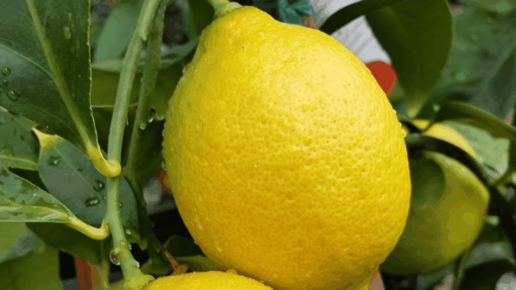 Close-up of a bright yellow, textured genoa lemon with water droplets hanging from a branch surrounded by green leaves.