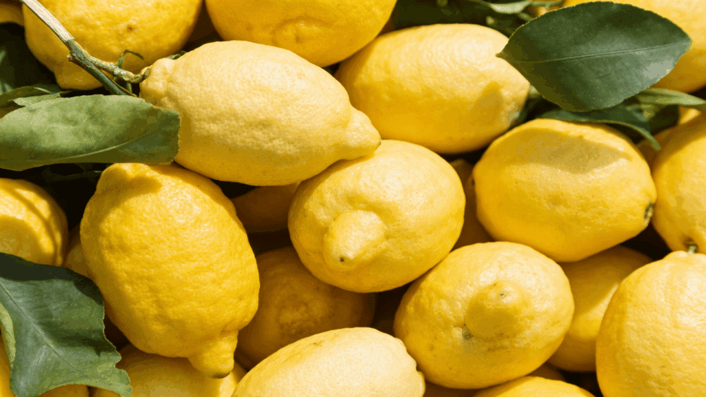 Close-up of a large pile of bright yellow primofiori lemons with a few dark green leaves scattered among them.