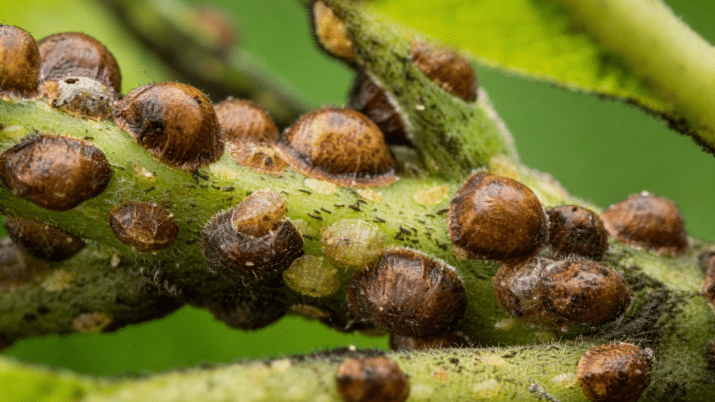Close-up of brown scale insects on a plant stem, resembling dome-shaped bumps.