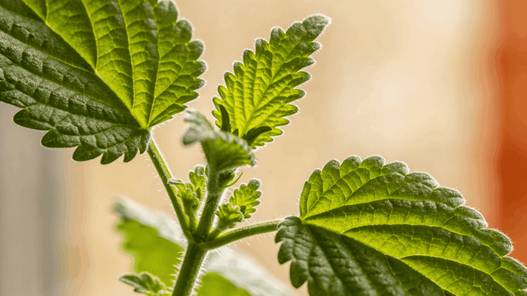 Close-up of vibrant green, serrated catnip leaves on a stem with a shallow depth of field.