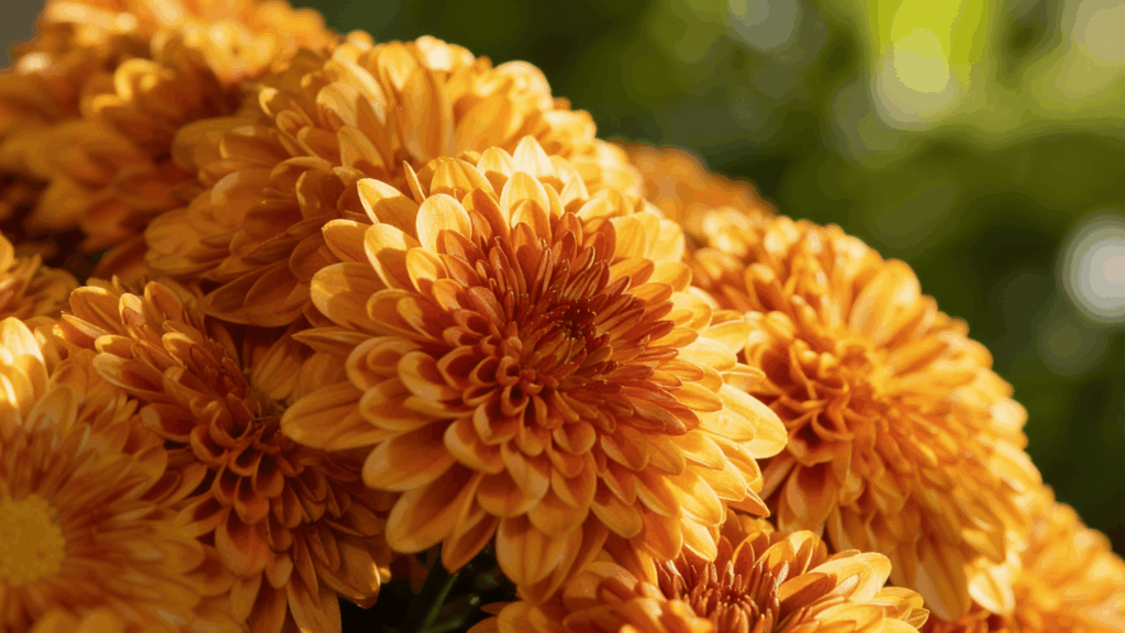 Close-up of vibrant orange chrysanthemum blossoms with a soft, blurred green background.