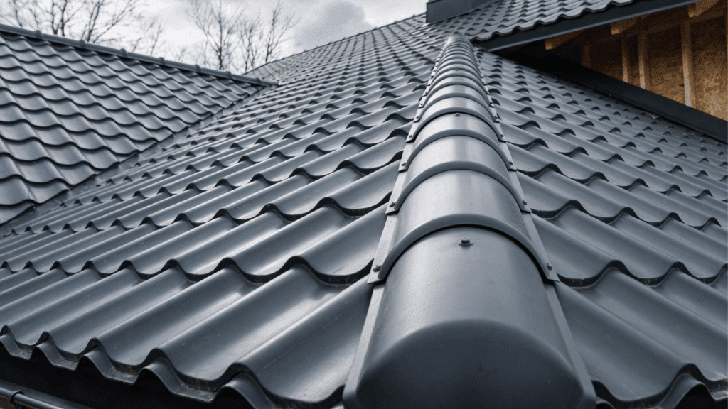 Close-up view of a steep, dark gray metal tile roof section meeting a light gray ridge cap and a visible red brick chimney against an overcast sky.