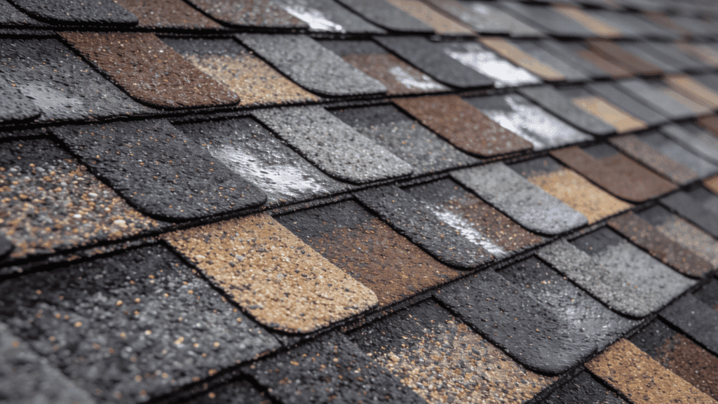 Close-up view of asphalt roof shingles featuring a variegated blend of dark gray and brown.