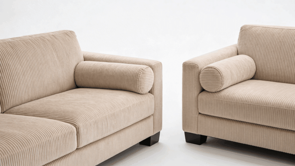 Close-up view of beige, wide-wale corduroy sofa and loveseat or sectionals with black feet against a white background.