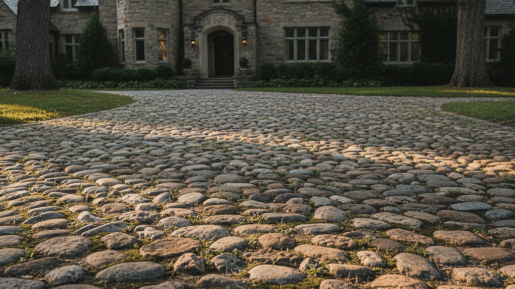 Cobblestone driveway with a historic look and moss in the gaps
