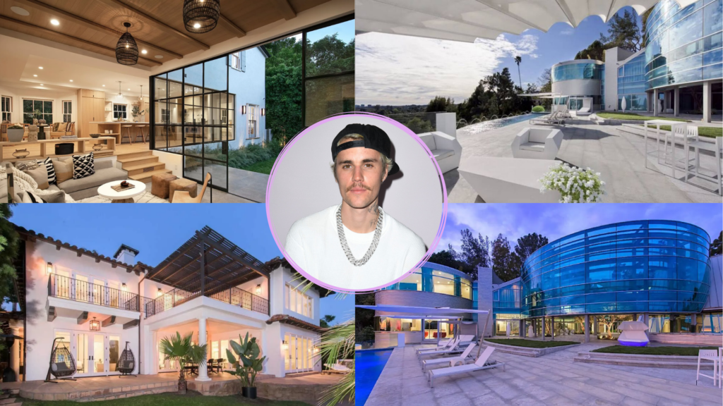 Collage featuring Justin Bieber and his four different luxury homes, including modern glass and traditional stucco styles