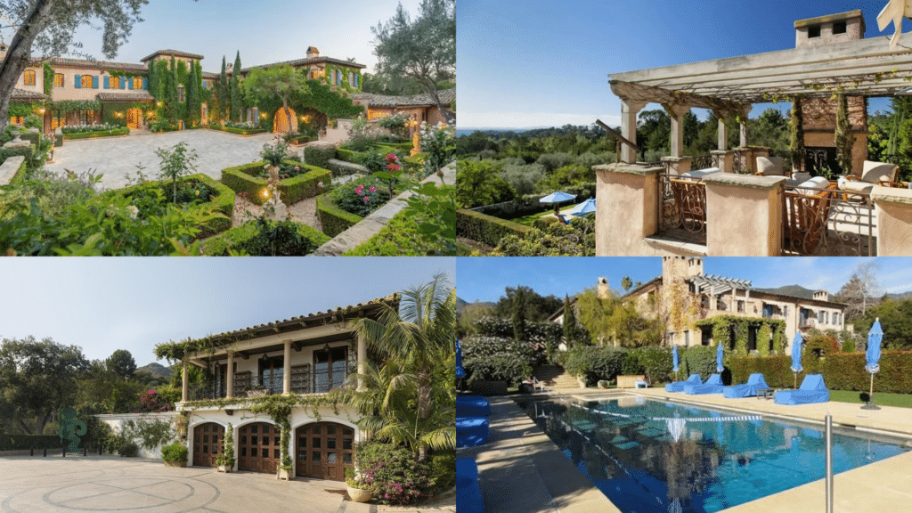 Collage of four images showcasing Prince Harry's estate with manicured gardens, an outdoor pergola seating area, a guest house entrance, and a large swimming pool.