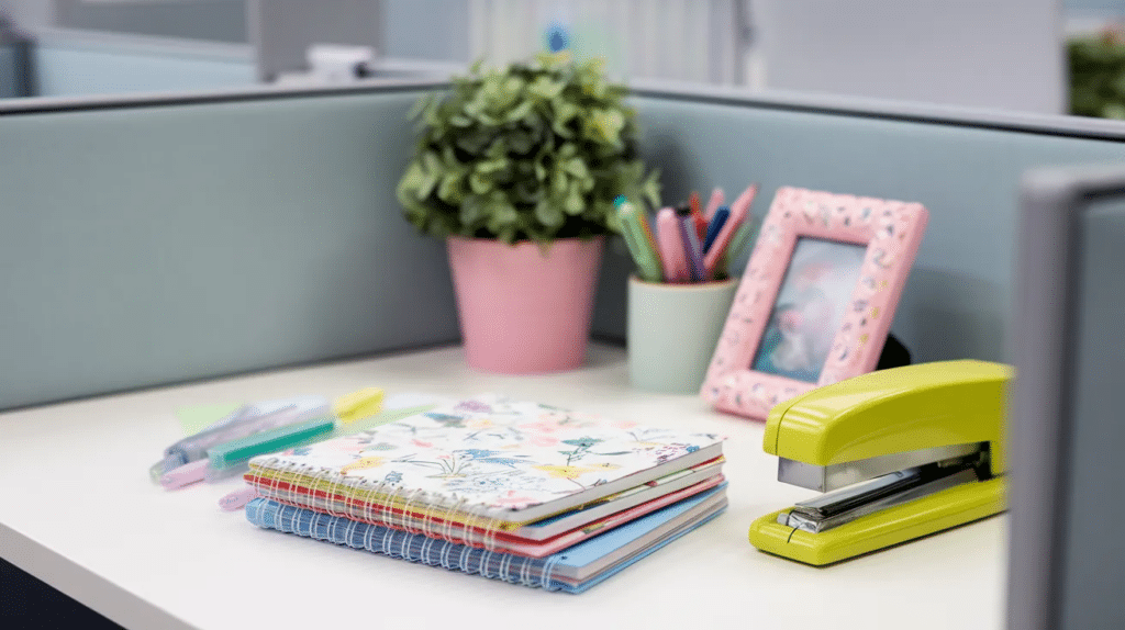 Colorful and fun desk supplies on a cubicle workstation