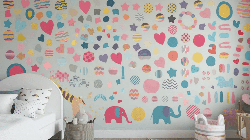 Colorful washi tape patterns forming wall art in a children’s bedroom