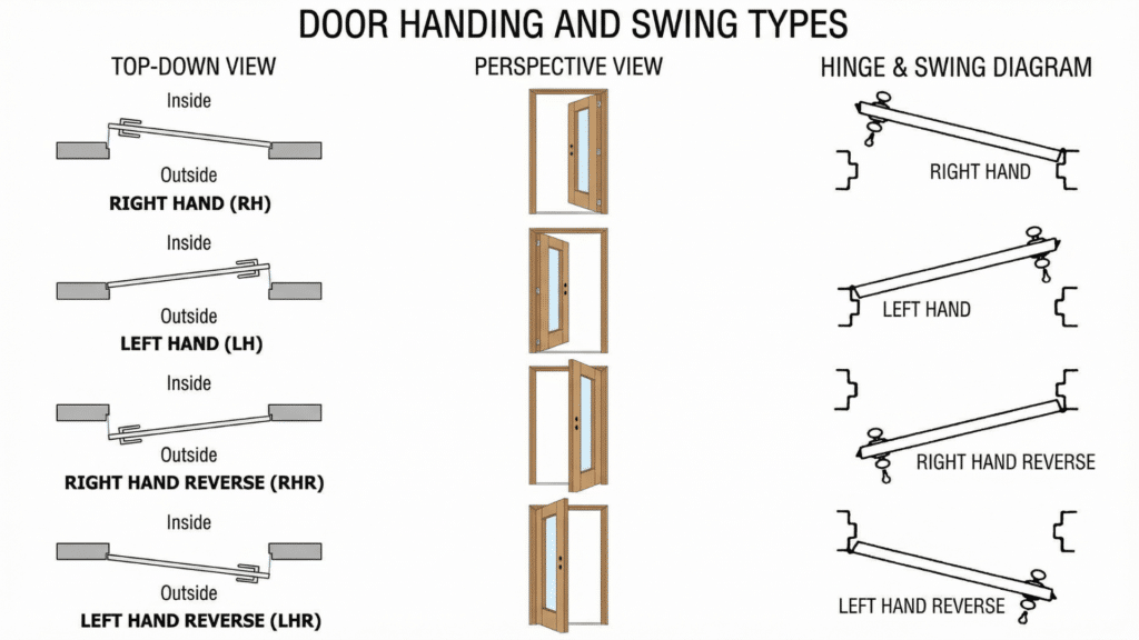 Comparison chart of left-hand, right-hand, left-hand reverse, and right-hand reverse doors