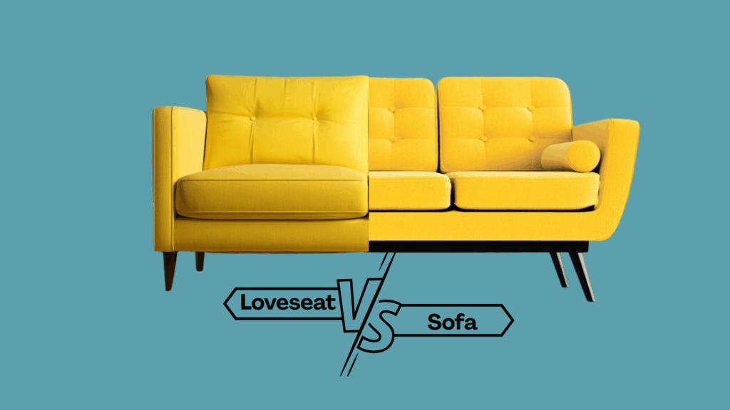 Sofa vs Loveseat: Everything You Need to Know Comparison graphic showing a yellow loveseat versus a yellow sofa against a teal background.
