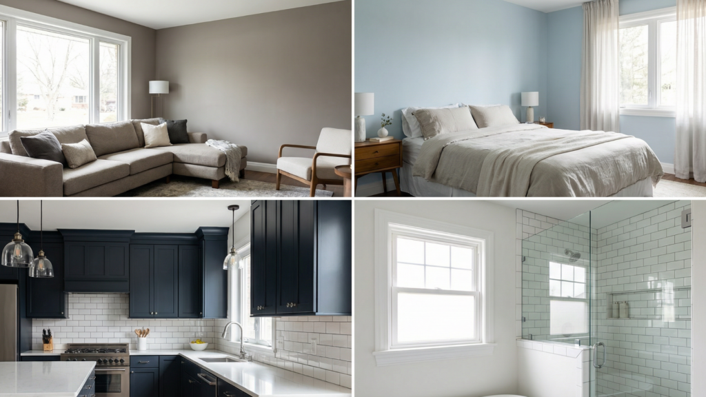 Comparison of rooms best suited for satin and semi-gloss paint including living room, bedroom, kitchen, and bathroom