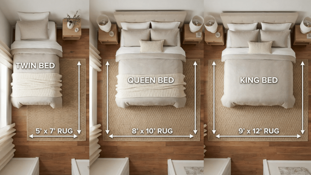 Comparison of standard rug sizes in feet for twin, queen, and king beds