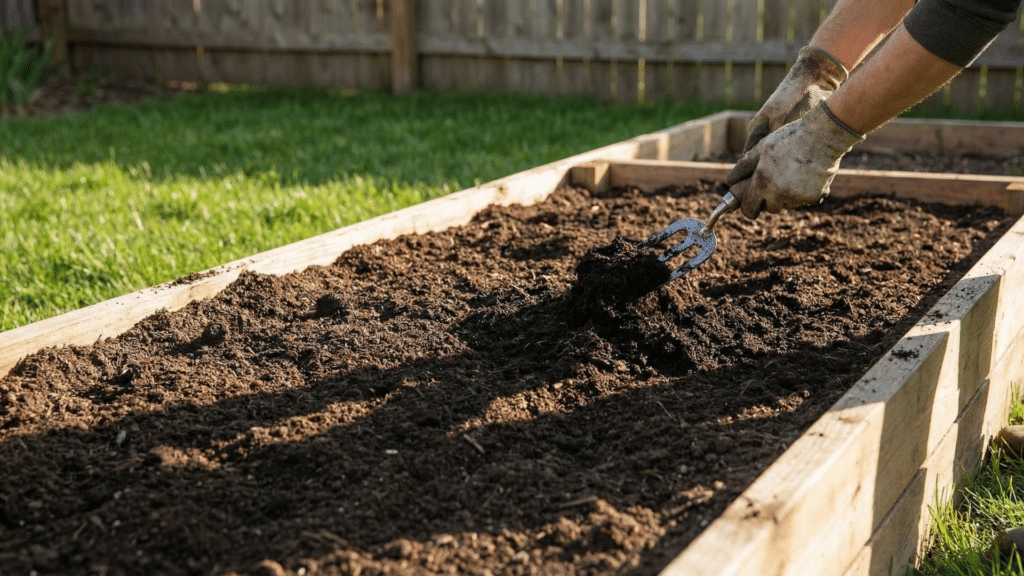 Compost being mixed into a garden bed before planting cabbage
