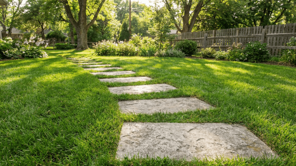 Concrete stepping stones placed across a trimmed green lawn in a backyard