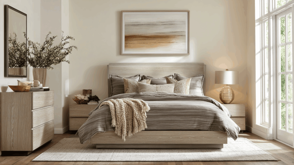 Contemporary neutral bedroom with clean lines and soft taupe tones