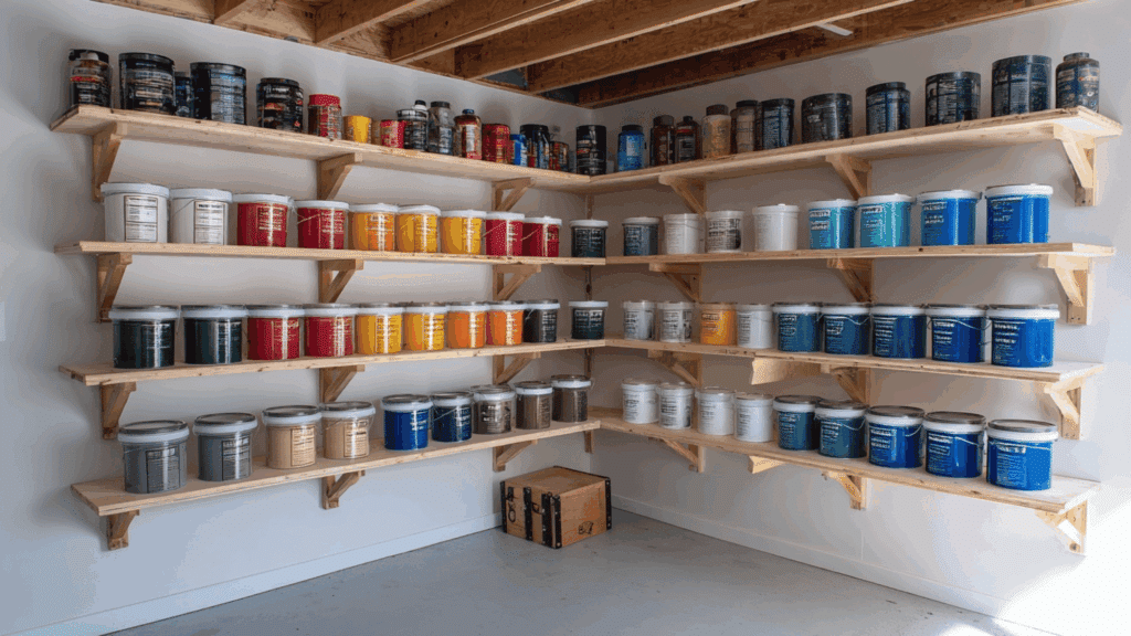 Corner garage shelves with neatly arranged storage bins.